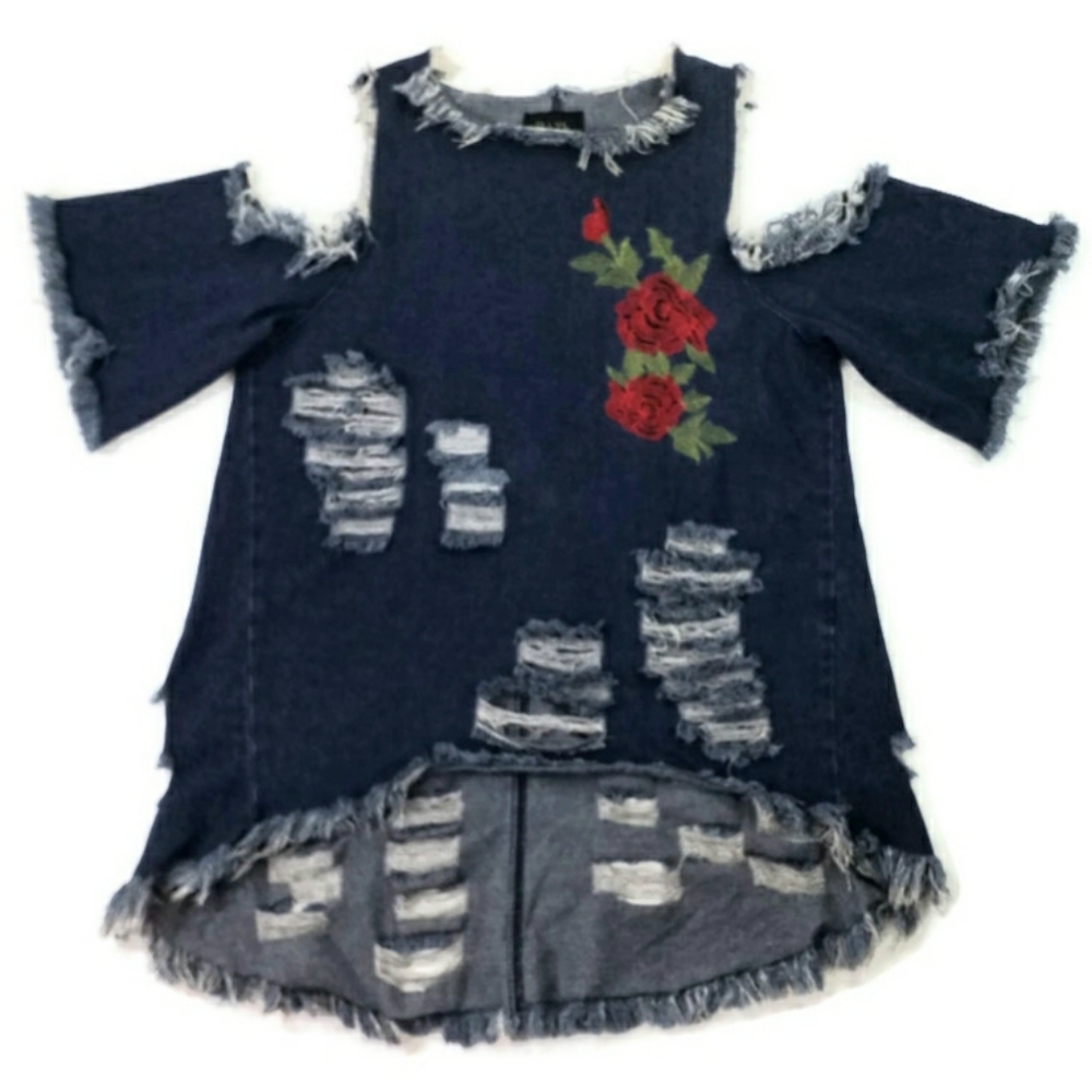 DAZL Dark Wash Destructed Embroidered Short Sleeve Cold Shoulder Tunic Womens 1X